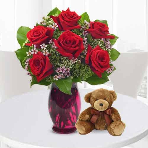 Rose And Teddy - Send Red Rose And Teddy Bouquet