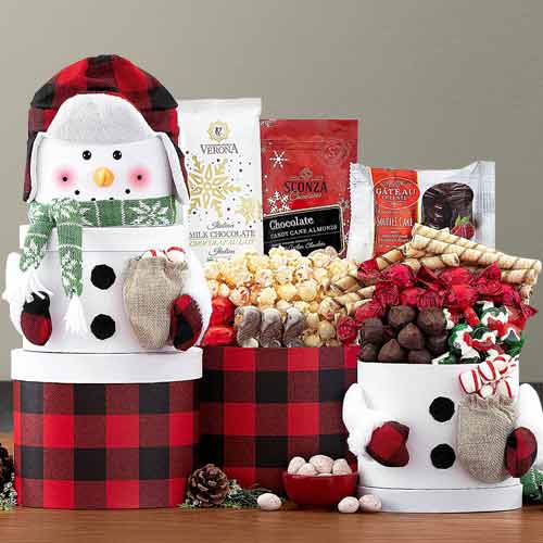 Snowman Sweet Tower-Non Alcoholic Christmas Gift Baskets Virginia