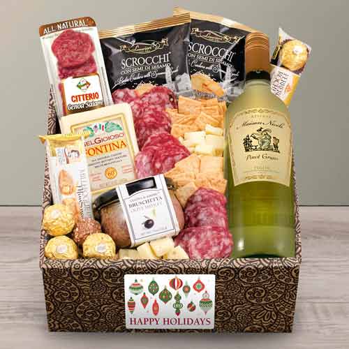 Italian White Wine n Antipasto Gift Box-Alcoholic Christmas Gift Baskets West Virginia