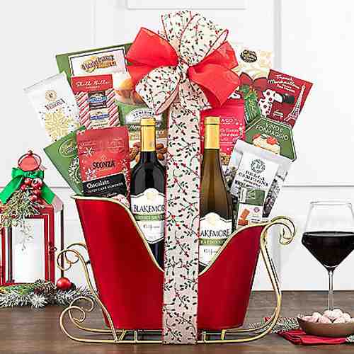 Holiday Sleigh Wine Basket-Holiday Wine Hamper Delivery