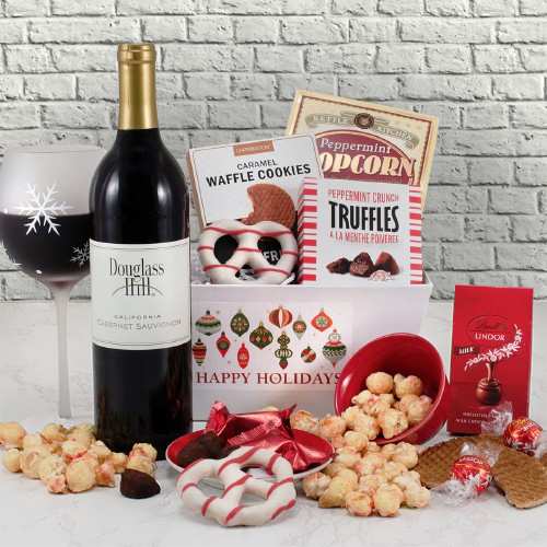 Taste Of The Holidays Wine And Treats Hamper-Red Wine Hamper With Festive Chocolates And Cookies