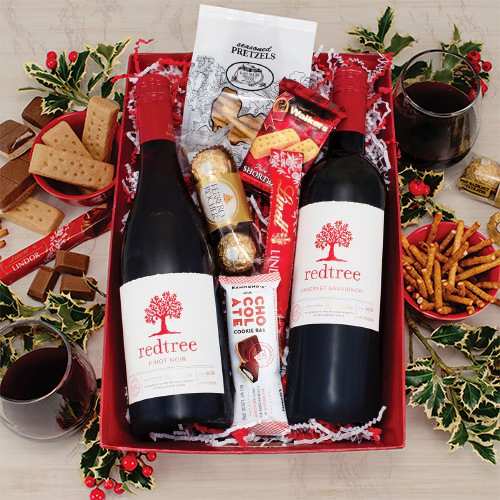 Deluxe Holiday Red Wine And Sweets Box-Elegant Red Wine Duo And Chocolate Basket