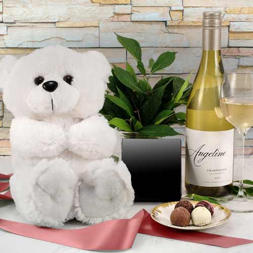 - Valentine's Day Gift Hamper For Wife | Bear White Wine And Teddy