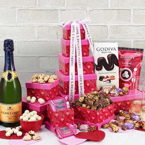 - Luxury Valentine’s Day Gift Tower Delivery | Tower Of Snack Set And Champagne