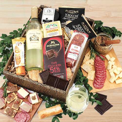 - White Wine And Gourmet Food Hamper Delivery | Warm Wishes Holiday Wine And Snack Hamper