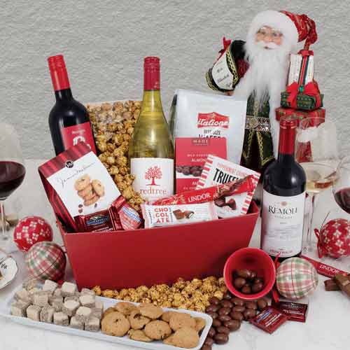 Holiday Wine Basket With Chocolates And Nuts